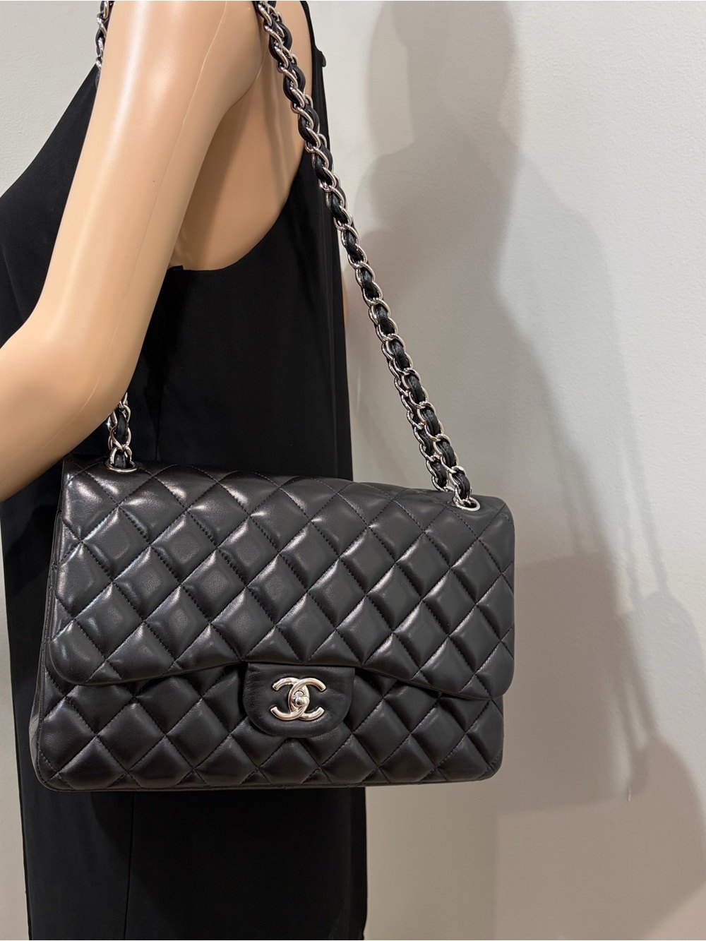 CHANEL Quilted Lambskin Jumbo Double Flap Shoulder Bag in Black